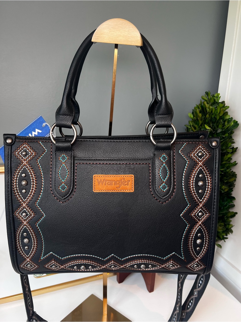 Wrangler Southwestern Tooled Tote Bag Black Faux Leather Western Satchel NWT - Picture 2 of 11